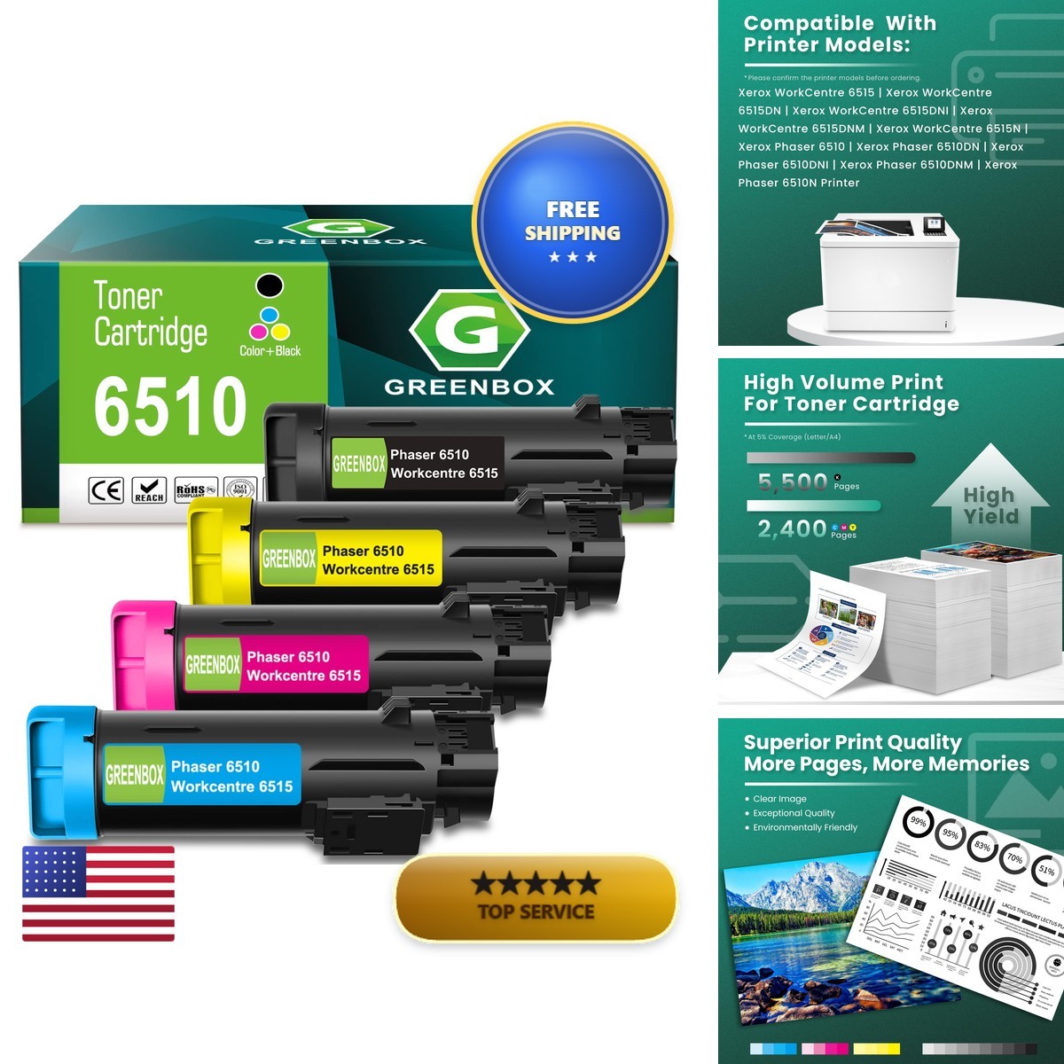 GREENBOX 6510 6515 Toner Cartridges for Phaser 6510 WorkCentre 6515, 4 Pack