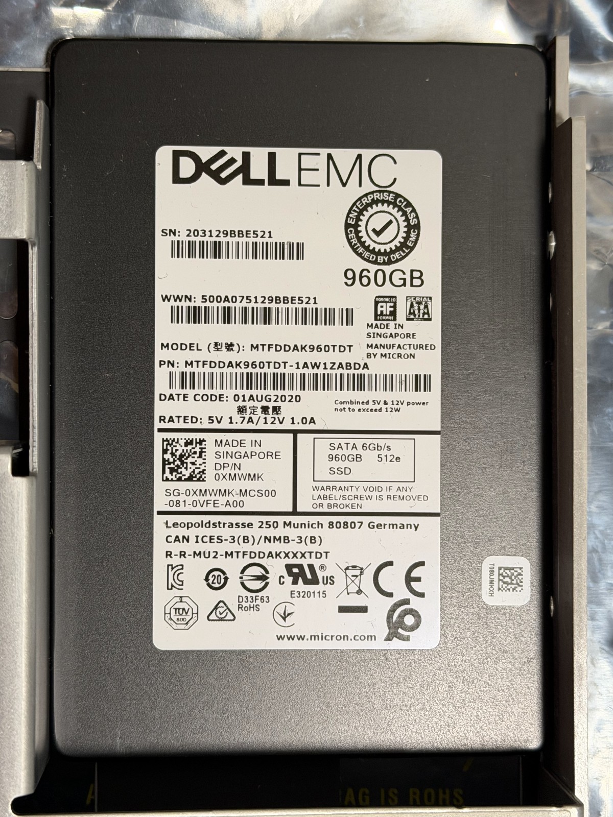 Dell EMC 960GB SATA 6Gbps 2.5in' Enterprise SSD MTFDDAK960TDT 0XMWMK & Caddy