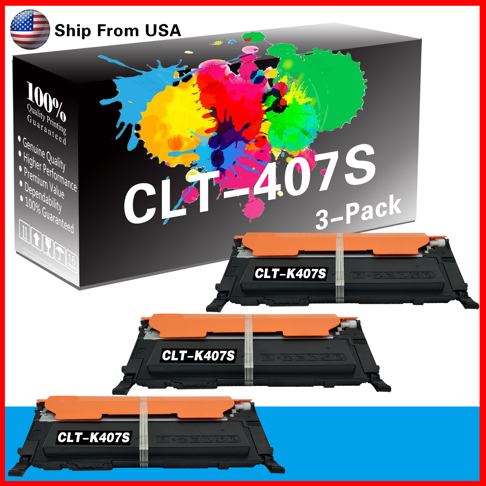 (3PK,Black) CLT-K407S CLT407S Toner Cartridge CLP325 for CLP-325 CLX-3185