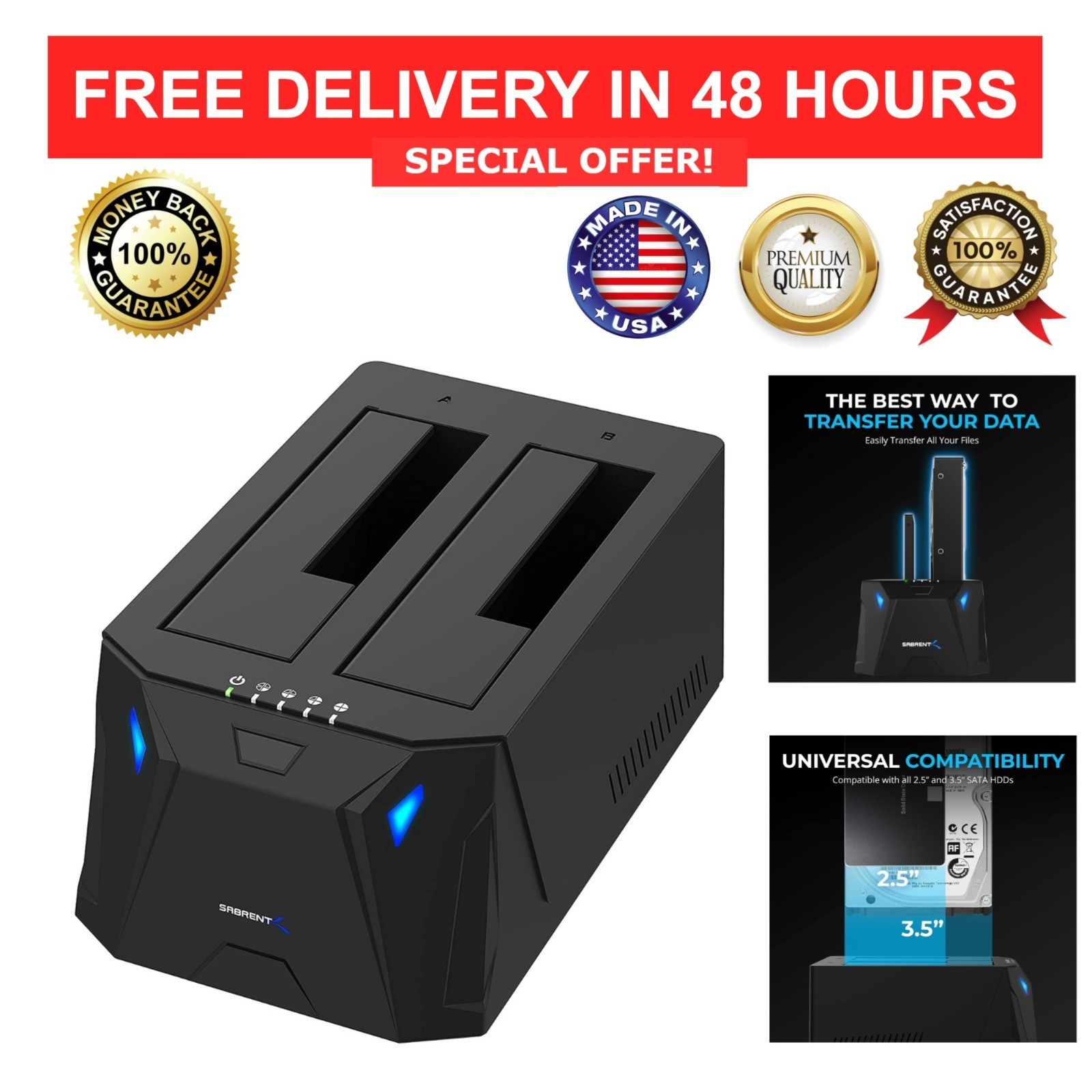 SABRENT USB 3.0 Dual Bay Hard Drive Docking Station & Cloner EC-HD2B