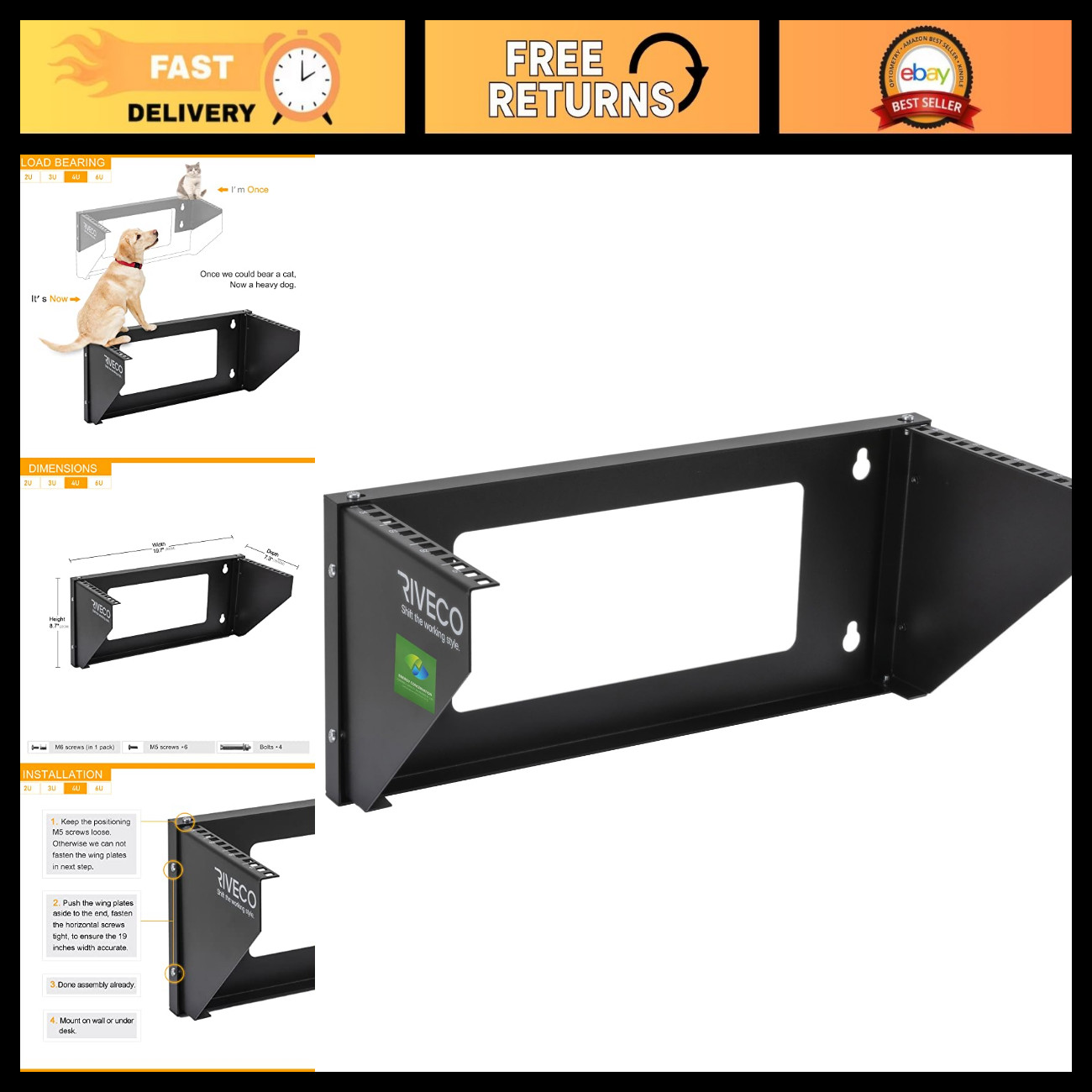 Heavy-Duty 4U Wall Mount Rack for 19" IT & Studio Equipment, Supports 66-99 LBS