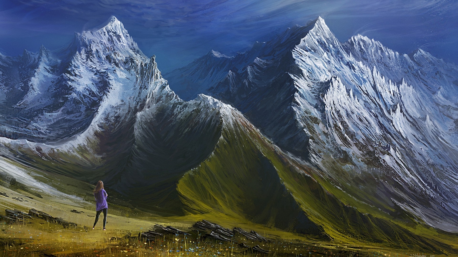 Landscape nature mountains clouds painting hills snowy Custom Gaming Mat Desk