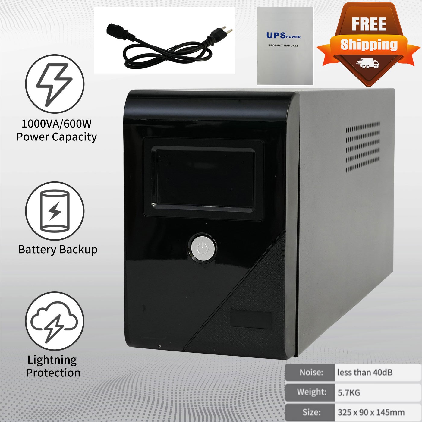 Backup UPS Uninterruptible Power Supply 3 Outlet LCD Display Battery 1000VA/600W