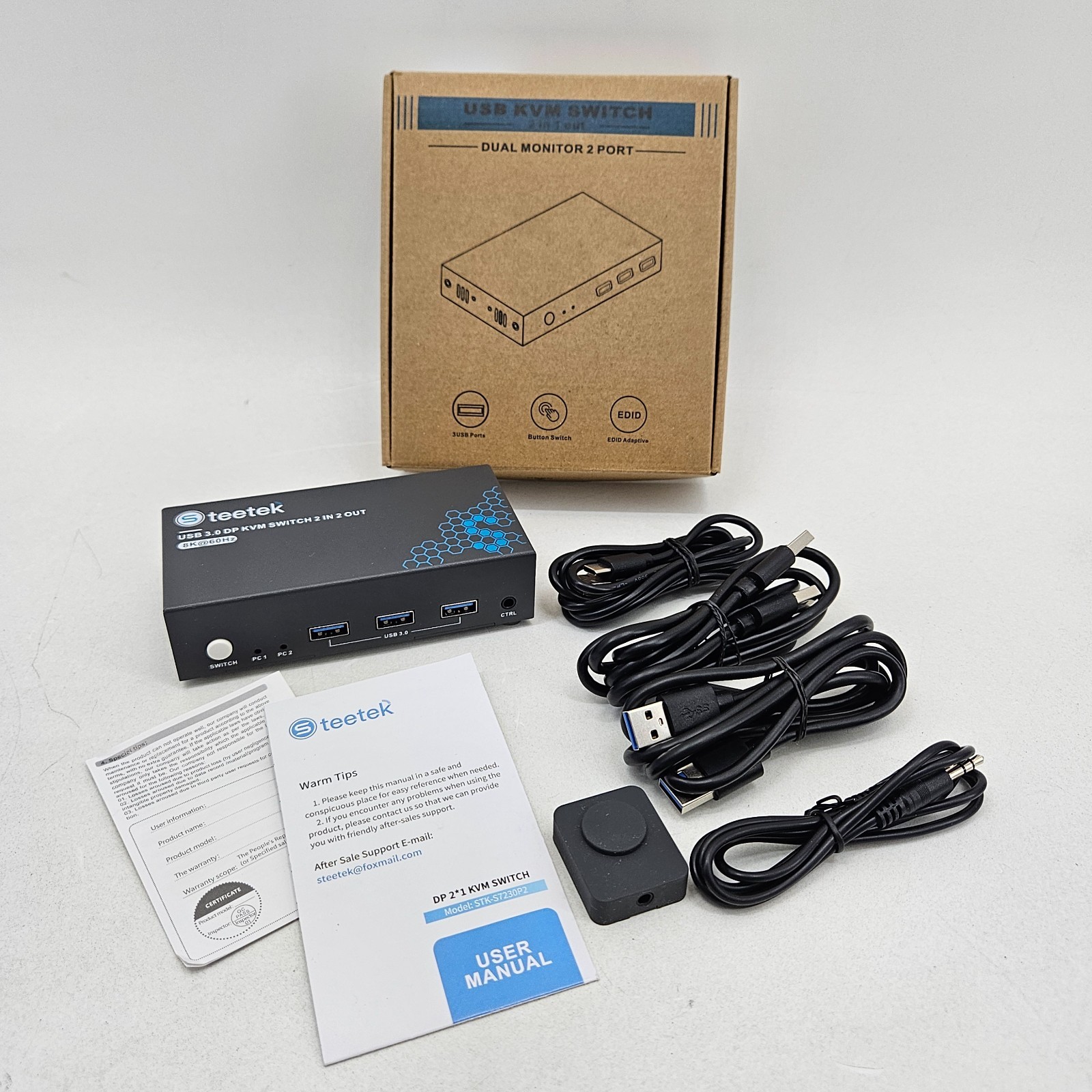 Steetek USB 3.0 KVM Switch Dual Monitor 2 Port 4K@60Hz, 2 Computers to 1 Monitor