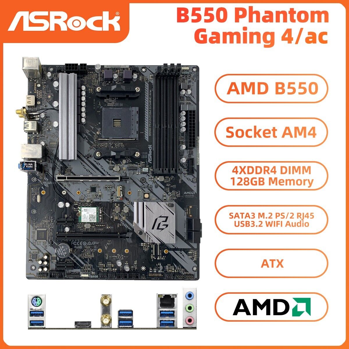 ASRock B550 PHANTOM GAMING 4/ac Motherboard ATX AMD B550 AM4 DDR4 HDMI WIFI M.2