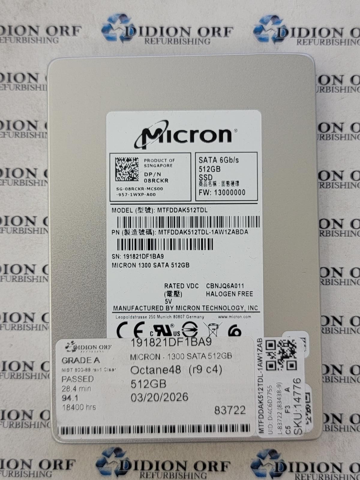 MICRON 512GB 2.5" SATA SSD MTFDDAK512TDL-1AW1ZABHA, Grade A, SKU 14776