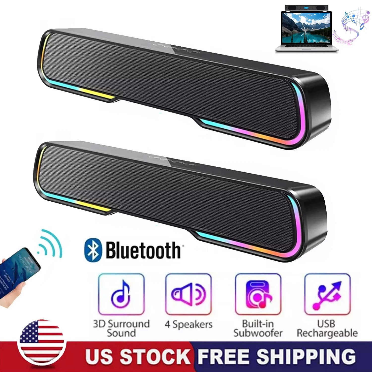 2PCS Wireless Computer Speakers Soundbar Stereo Bass Sound for Desktop PC Laptop