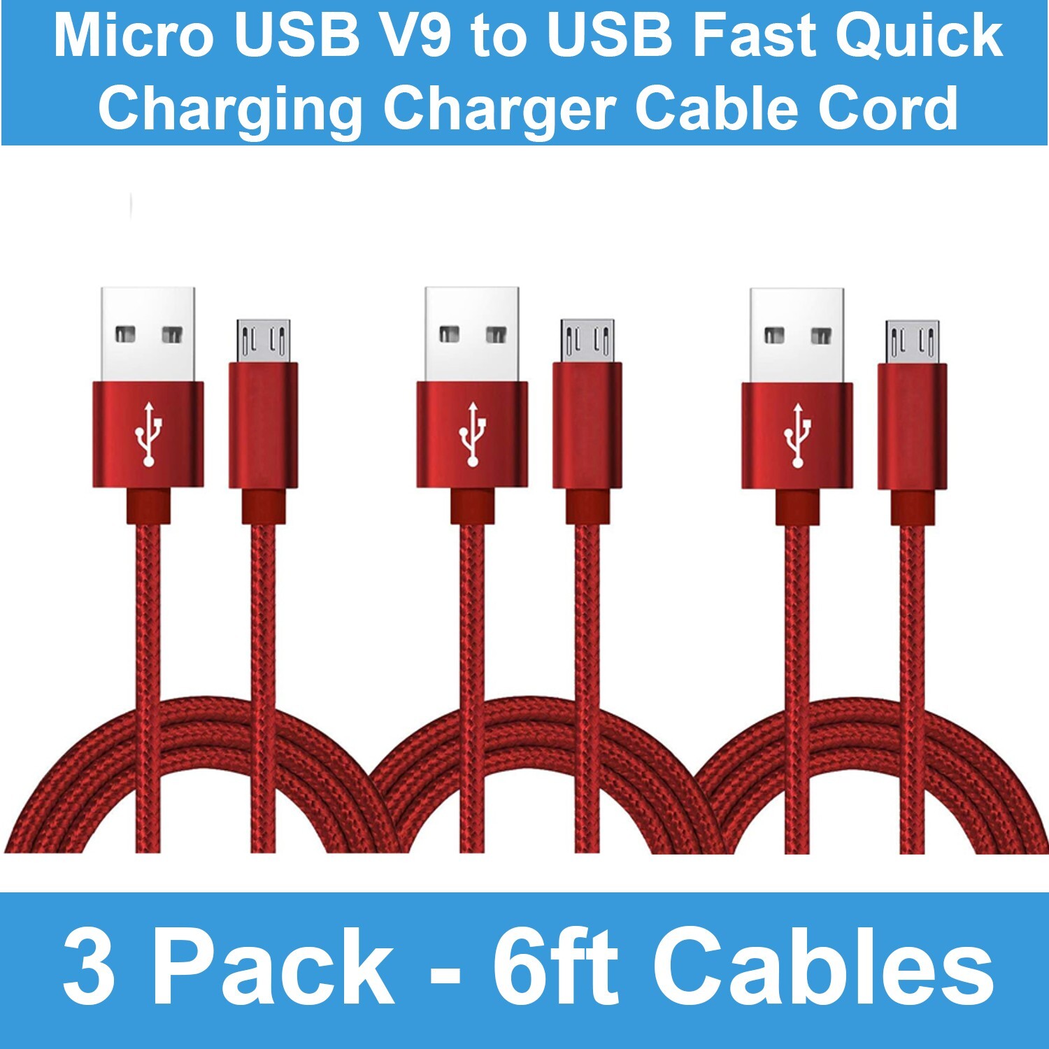 3 Pack 6ft Micro USB V9 to USB Fast Quick Charging Charger Cable Cord Red
