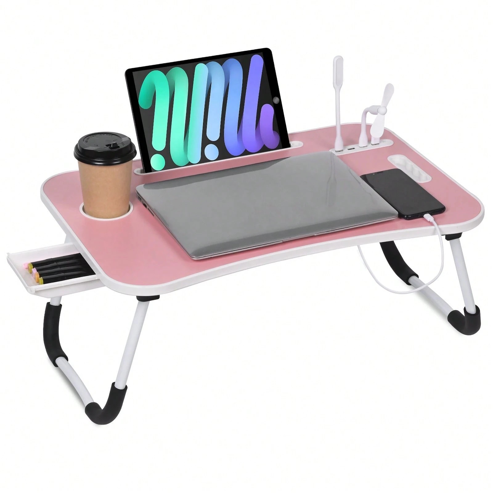 Pink Wood Foldable Laptop Bed Desk Table USB Port Cup Holder Storage Drawer