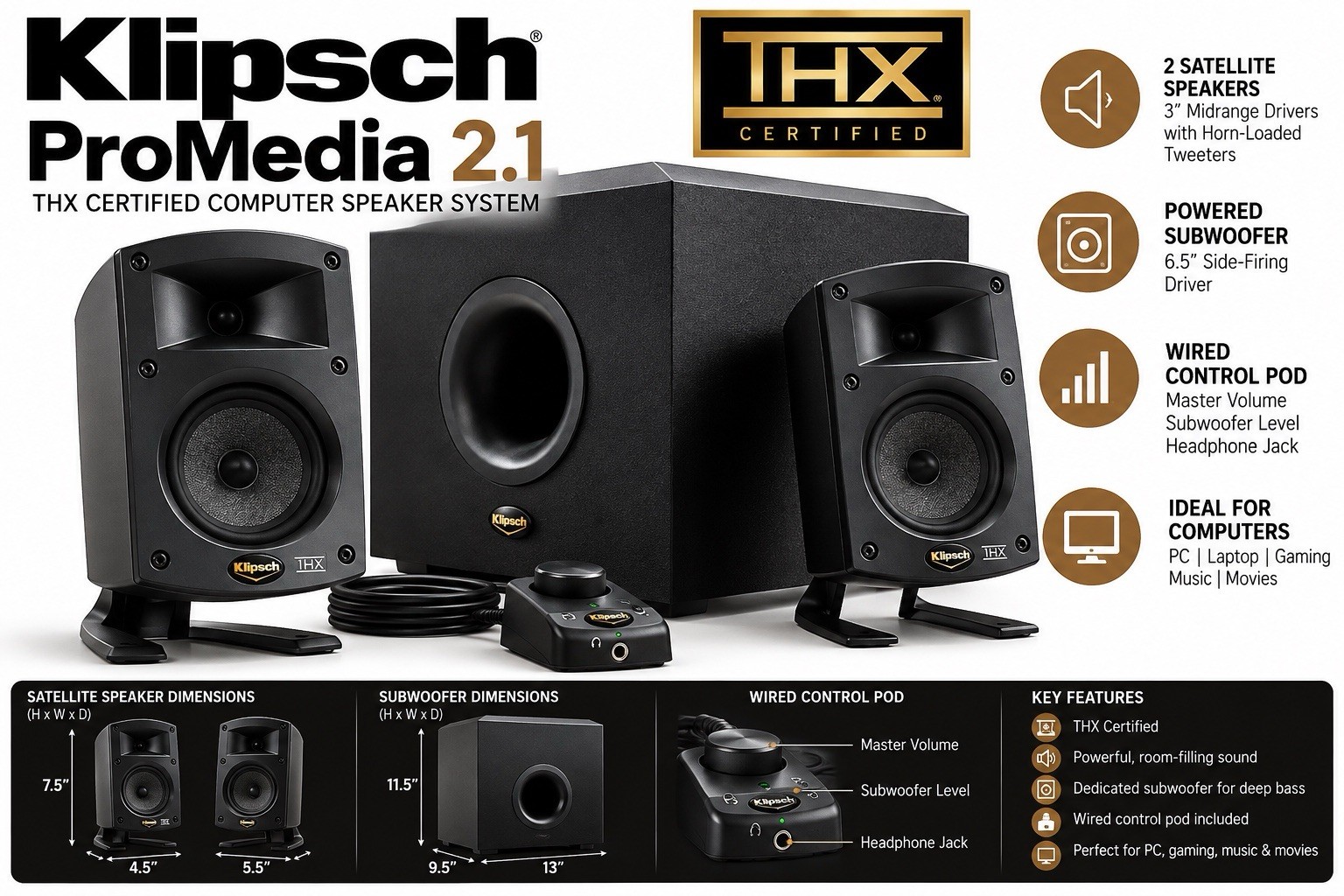 Klipsch ProMedia 2.1 THX Certified Computer Speaker System Subwoofer Satellites
