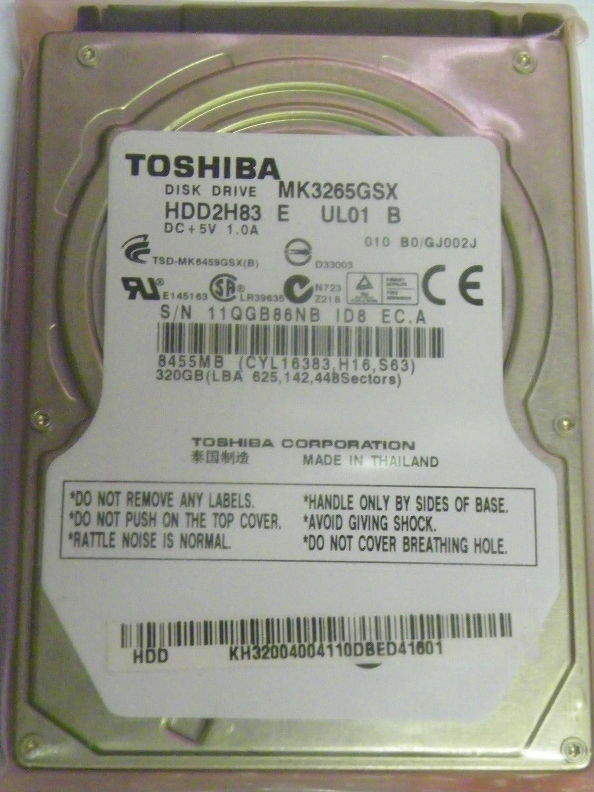 Toshiba MK3265GSX (HDD2H83 E UL01 B) 010 B0/GJ002J Laptop 320GB 2.5" SATA HDD