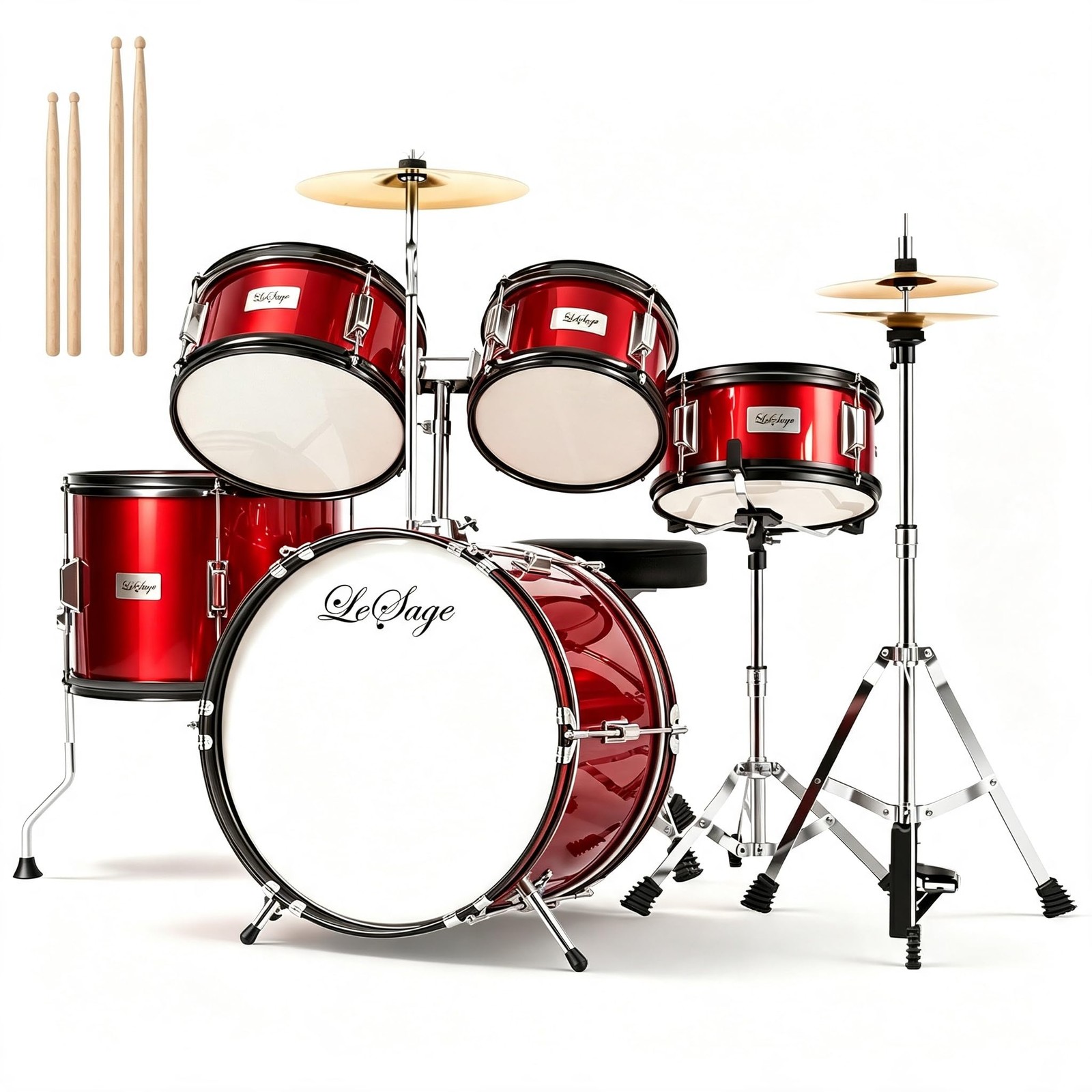 LeSage Drum Sets 5-Piece for Beginners, 16 inch Size Complete Drum Kit