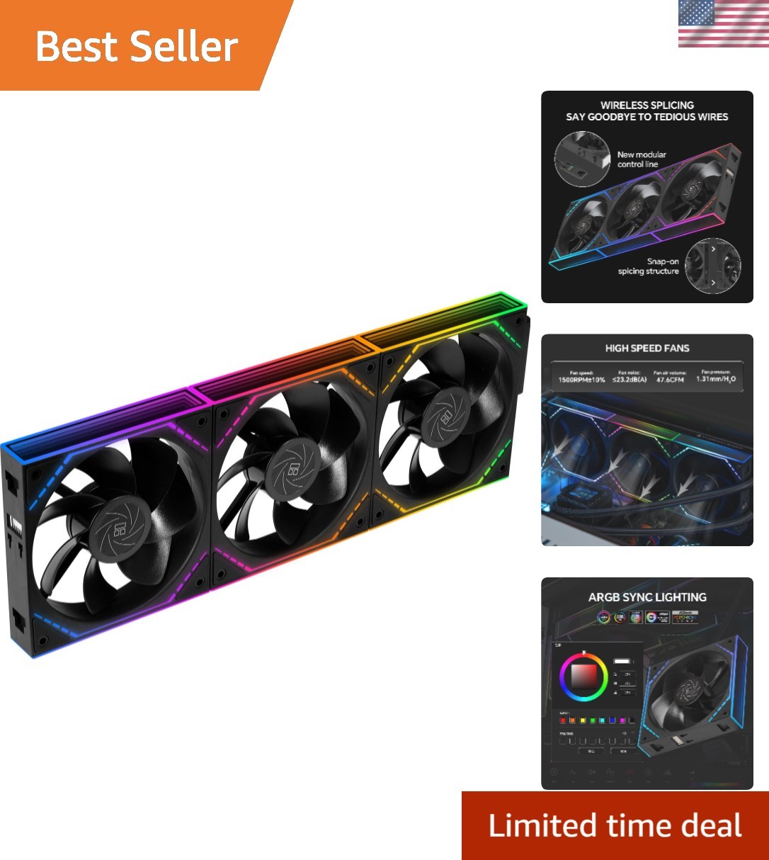TL-M12QR X3 120mm Reverse Blade ARGB Case Fans, 1500RPM 47.6CFM, Black