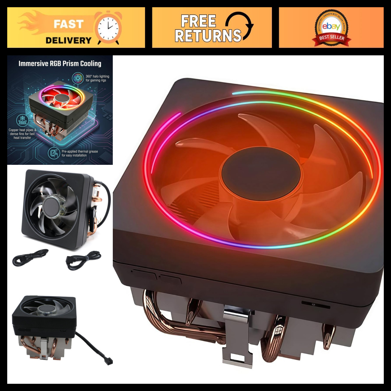 High-Performance CPU Cooler with RGB LED, Copper Core, AM5/AM4/AM3, for Ryzen 7