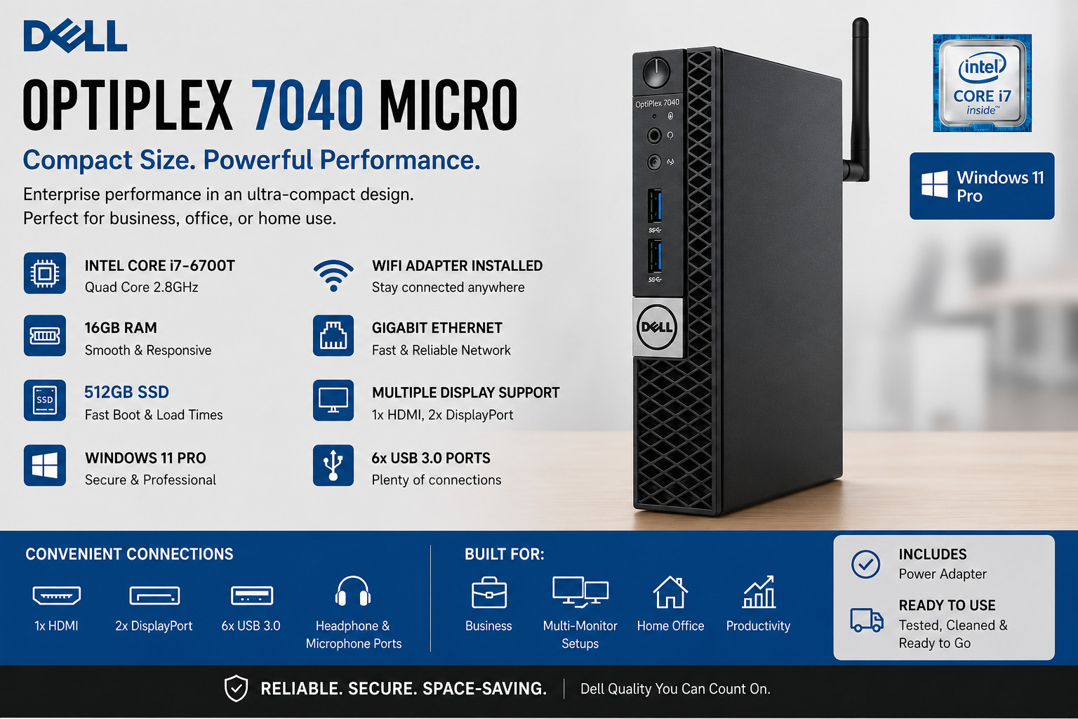 Dell OptiPlex Micro i7, Win 11 Pro, 16GB Ram, 512GB SSD, Wifi, 3 Displays