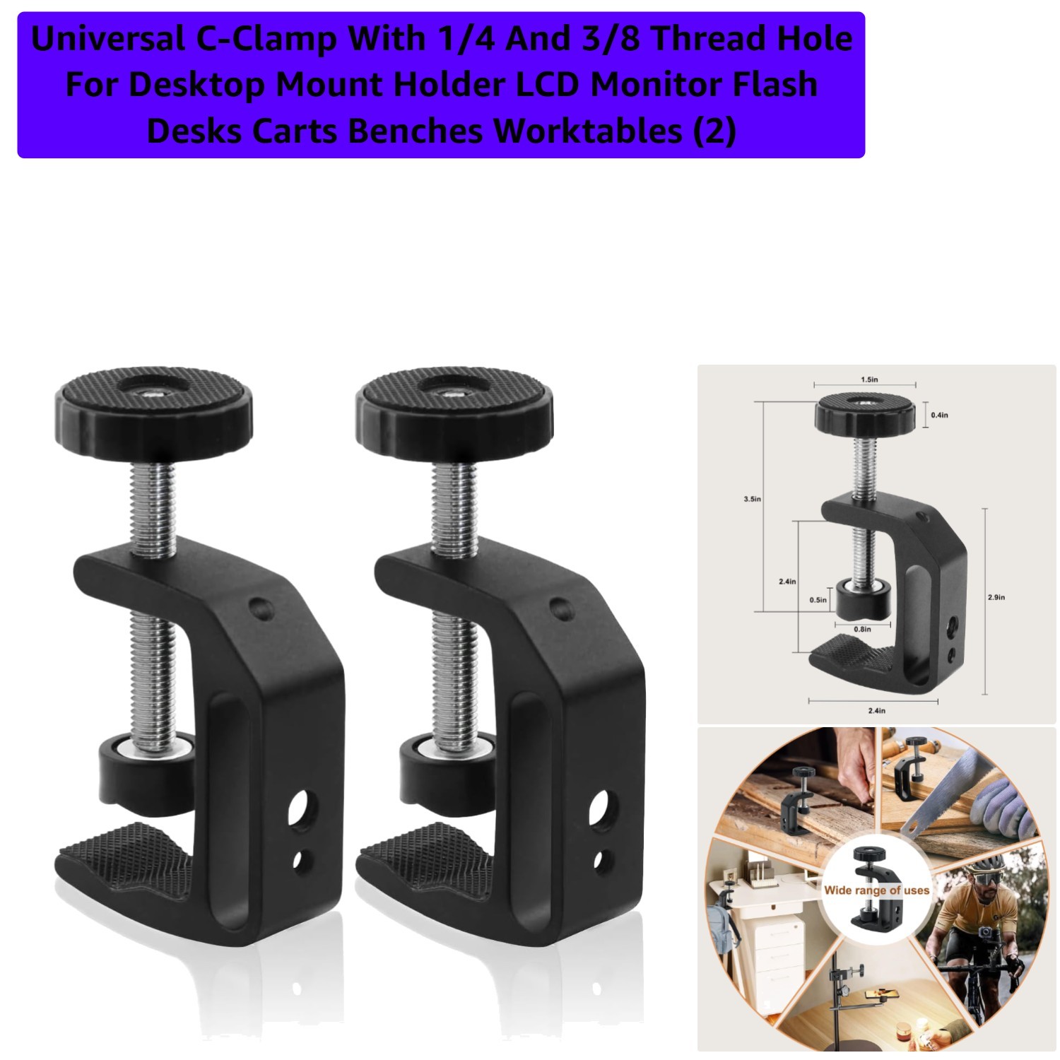 Non-Slip Universal C-Clamp Set with Multiple Mounting Options - Black, Classic