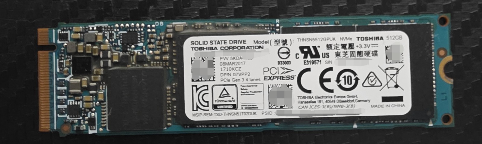 Toshiba 512GB M.2 2280 PCIe NVMe Internal SSD THNSN5512GPUK (95% Health) 