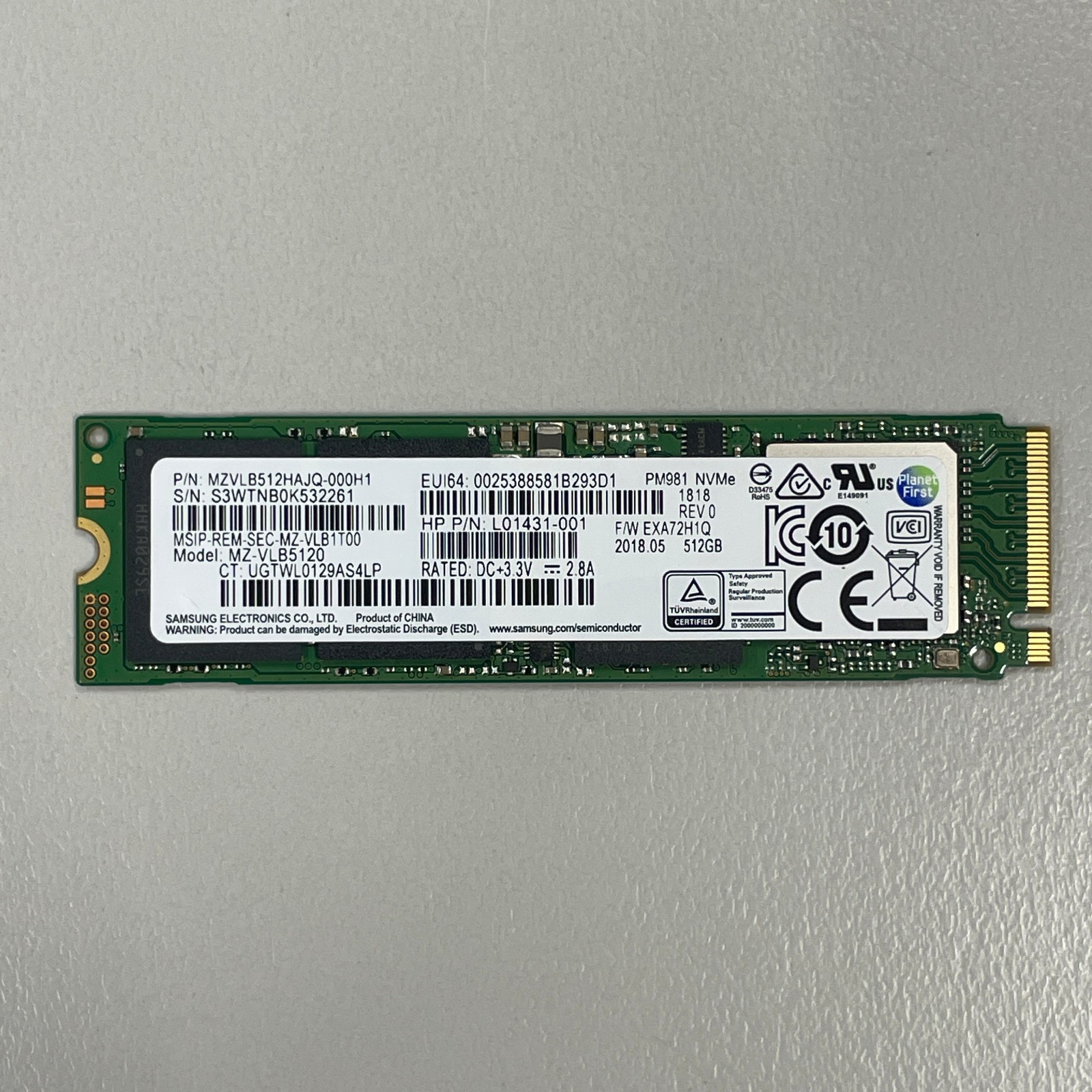 Samsung PM981 512GB M.2 2280 PCIe NVMe TLC SSD MZ-VLB5120 MZVLB512HAJQ-000H1