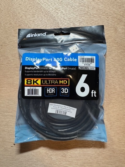 Inland Display Port (male) to Display Port (male) cable 6ft 4k Ultra HD HDCP 3D