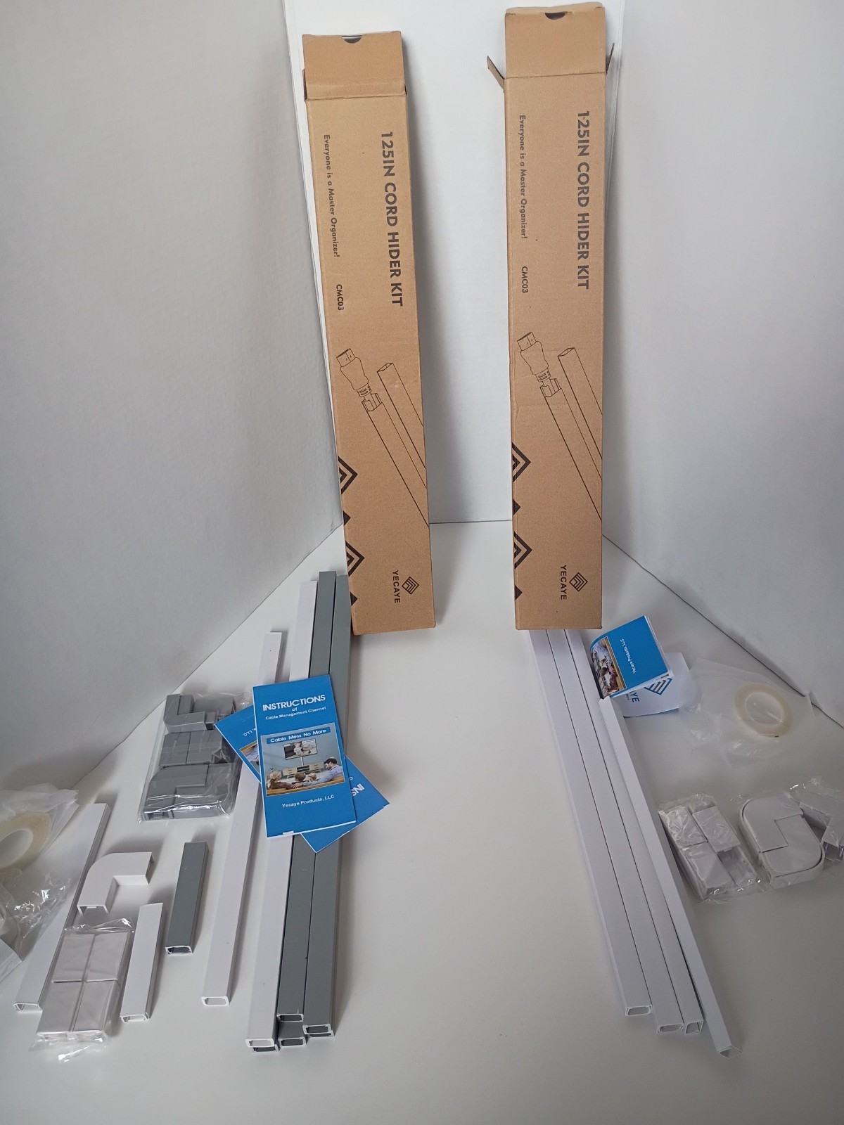 Yecaye Cable Hider Kit contains 5 white cable raceways, measuring 15.5" each