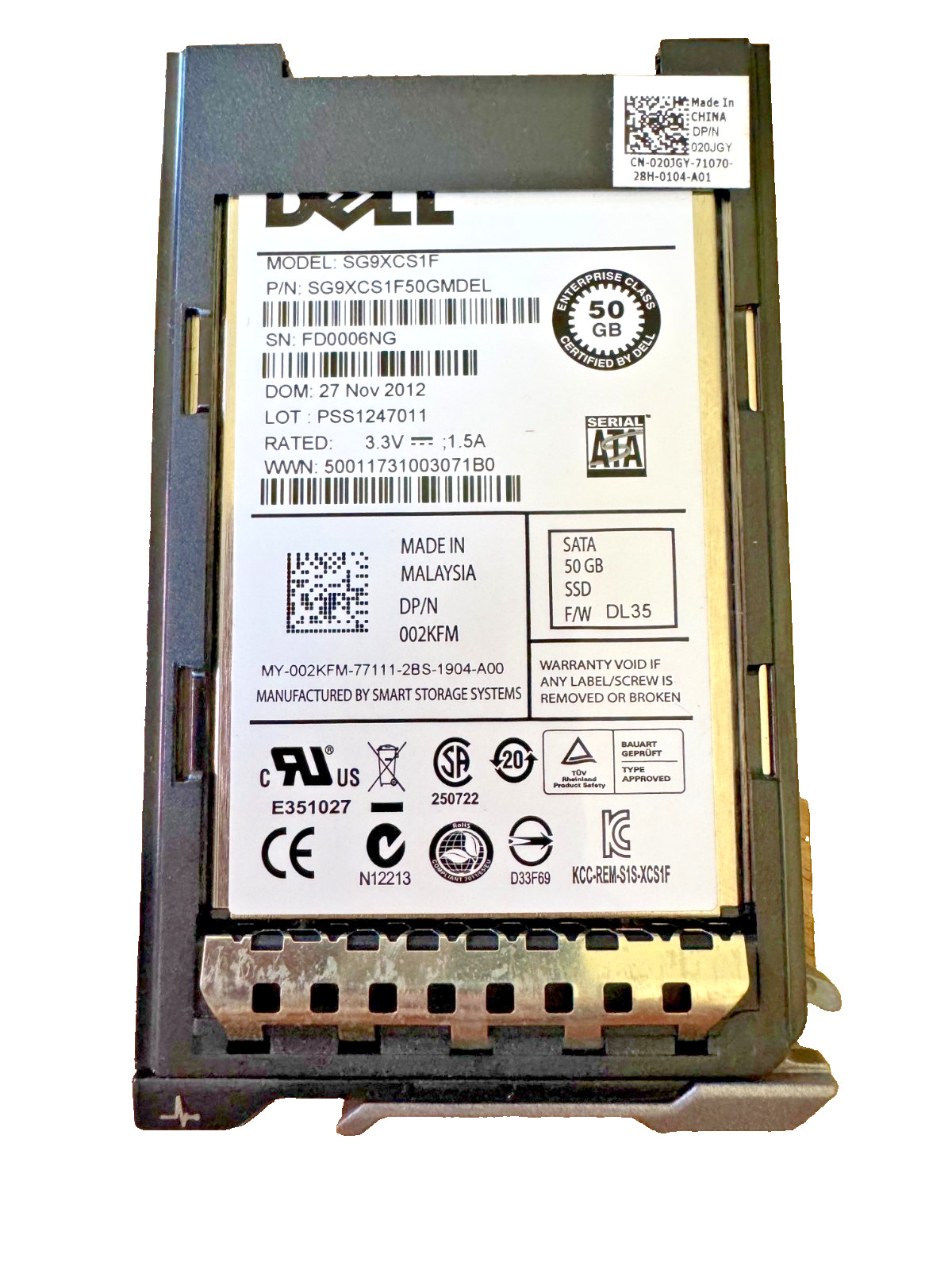 DELL SG9XCS1 Enterprise Class SSD Drive 50GB SSD 1.8" With 020JGY Tray