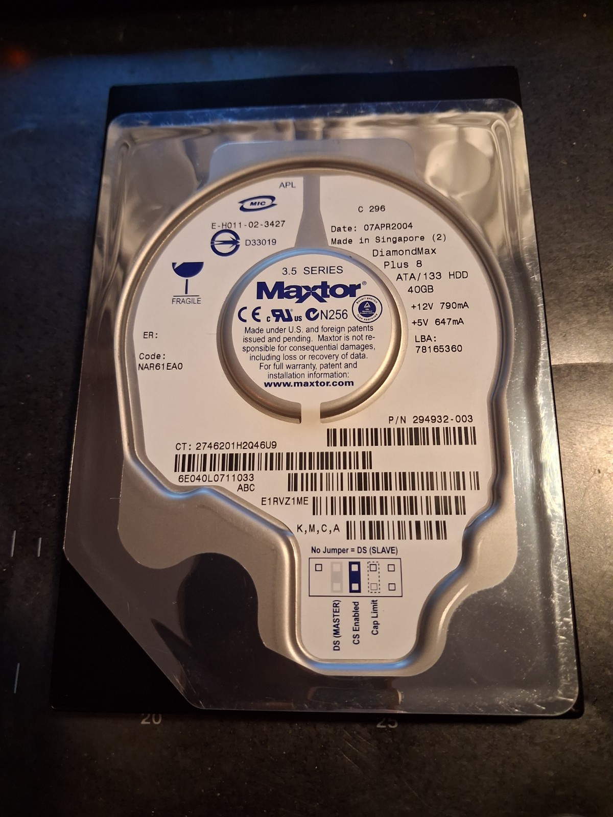 Maxtor 40GB 3.5 IDE HDD 6E040L0711033 Code: NAR61EA0 DiamondMax Plus 8 AS-IS
