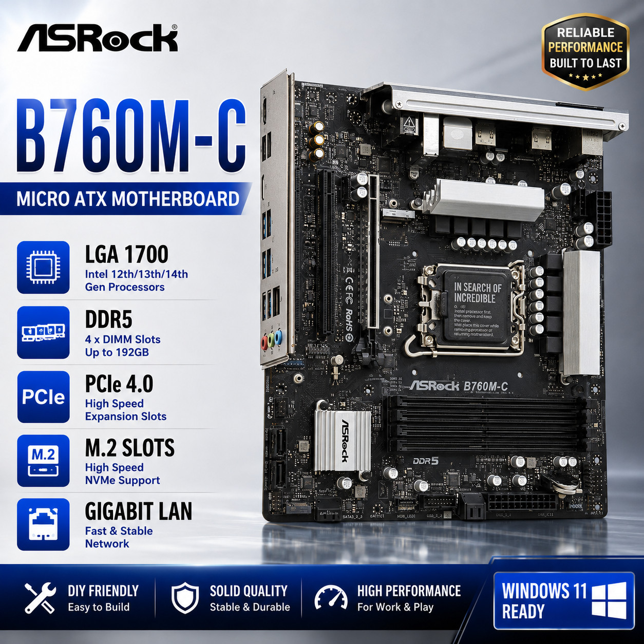 ASRock B760M-C Intel Socket LGA1700 DDR5 Micro ATX WI-FI Motherboard I/O Shield
