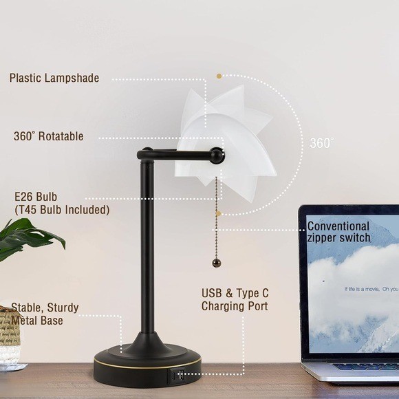 Black LED Bankers Desk Lamp USB Type C Charging Port Pull Chain New