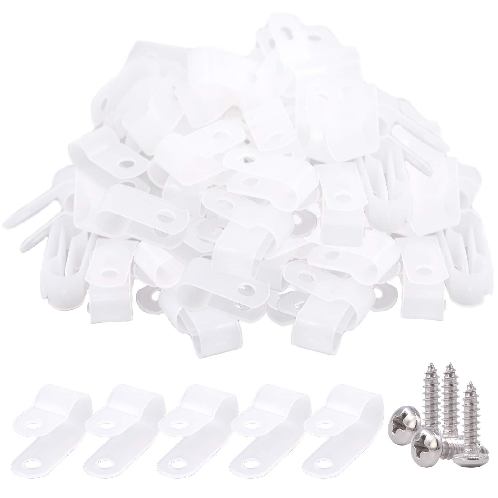 120Pcs 3/8 Inch White Nylon Screw Mounting RType Cable Clip Wire Clamp with 1...