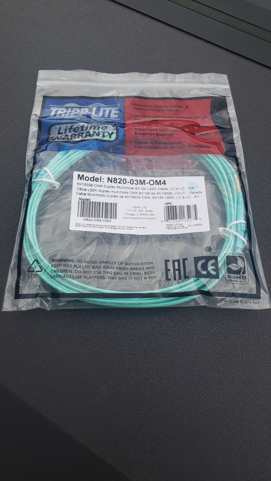 NEW Tripp Lite N820-20M-OM4 Fiber Optic Duplex Multimode 50/125 lSZH 40/100gb W1