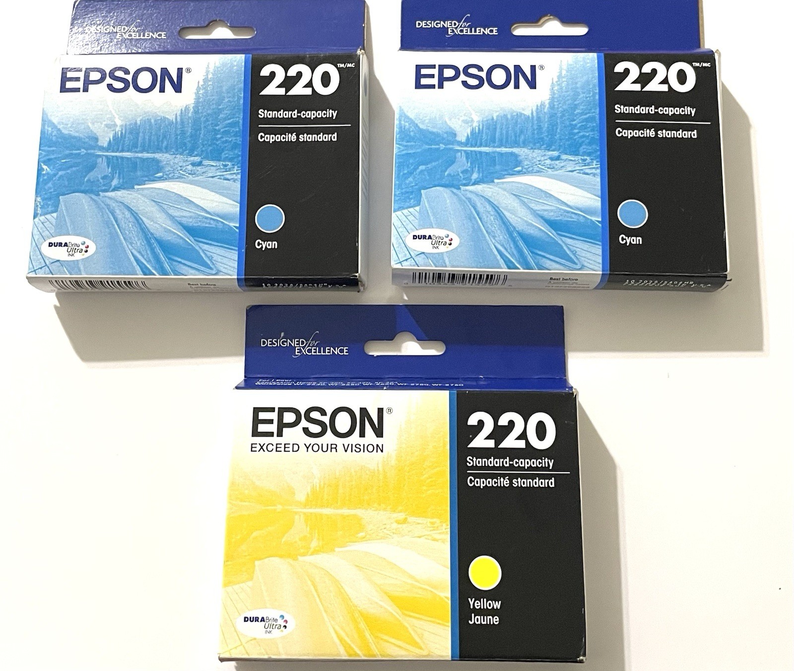 Epson Genuine Ink Cartridge 220 CYAN x2 & YELLOW x1 - Exp 9/25, 10/26 Set of 3