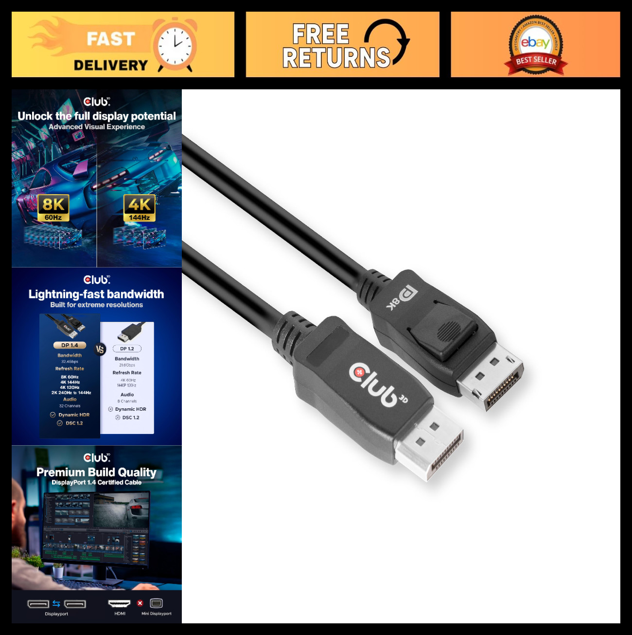 DisplayPort 1.4 Cable 8K 60Hz VESA Certified 2m (6.56ft) Male to Male DP Cable