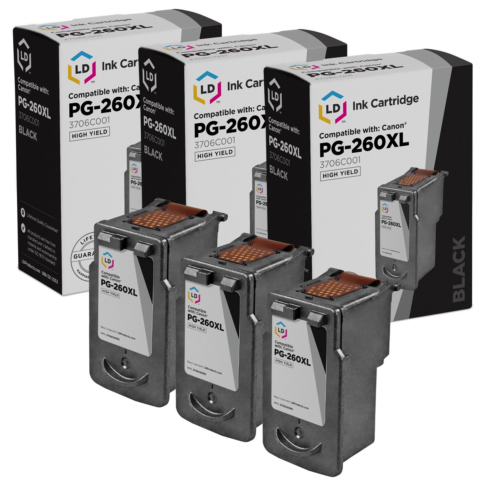 LD Replacement for Canon PG-260XL / 3706C001 Black High Yield 3PK Ink Cartridges