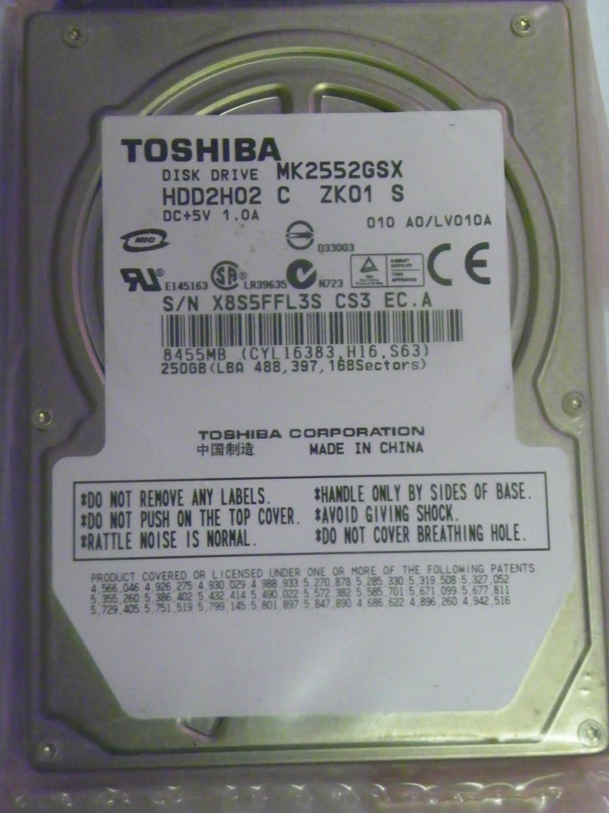 Toshiba MK2552GSX (HDD2H02 C ZK01 S) 010 A0/LV010A Laptop 250GB 2.5" SATA HDD