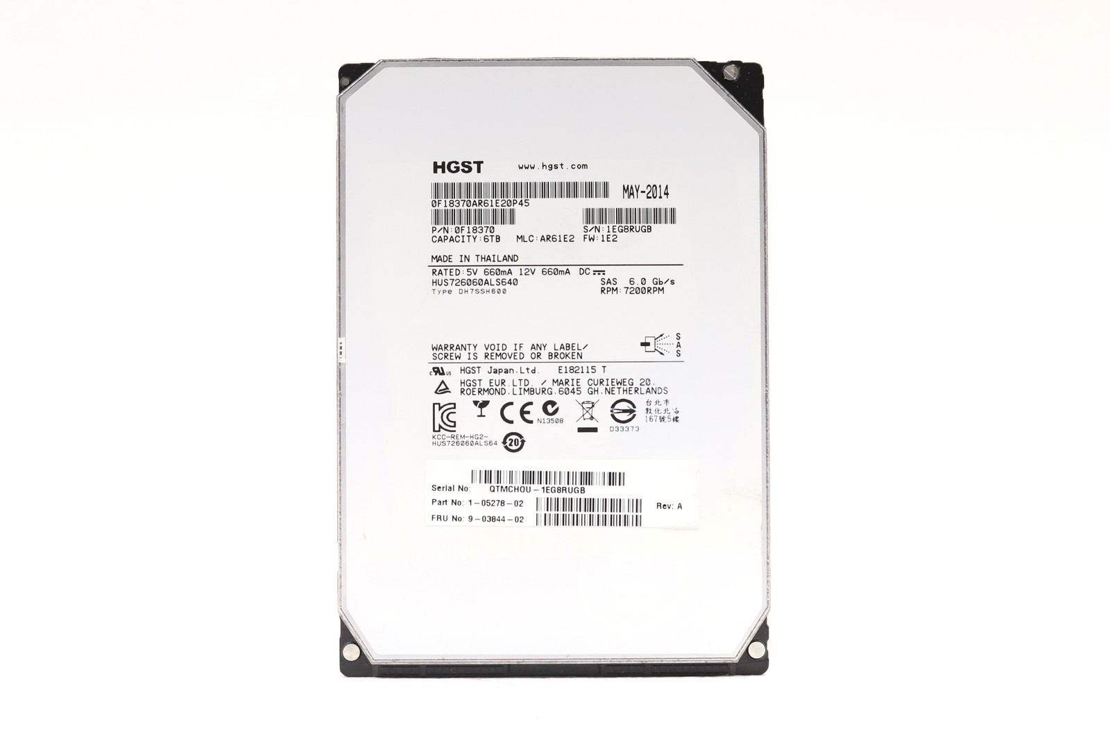 HGST HUS726060ALS640 6TB 3.5" 6Gb/s 64MB 7.2K RPM SAS Hard Drive P/N: 0F18370