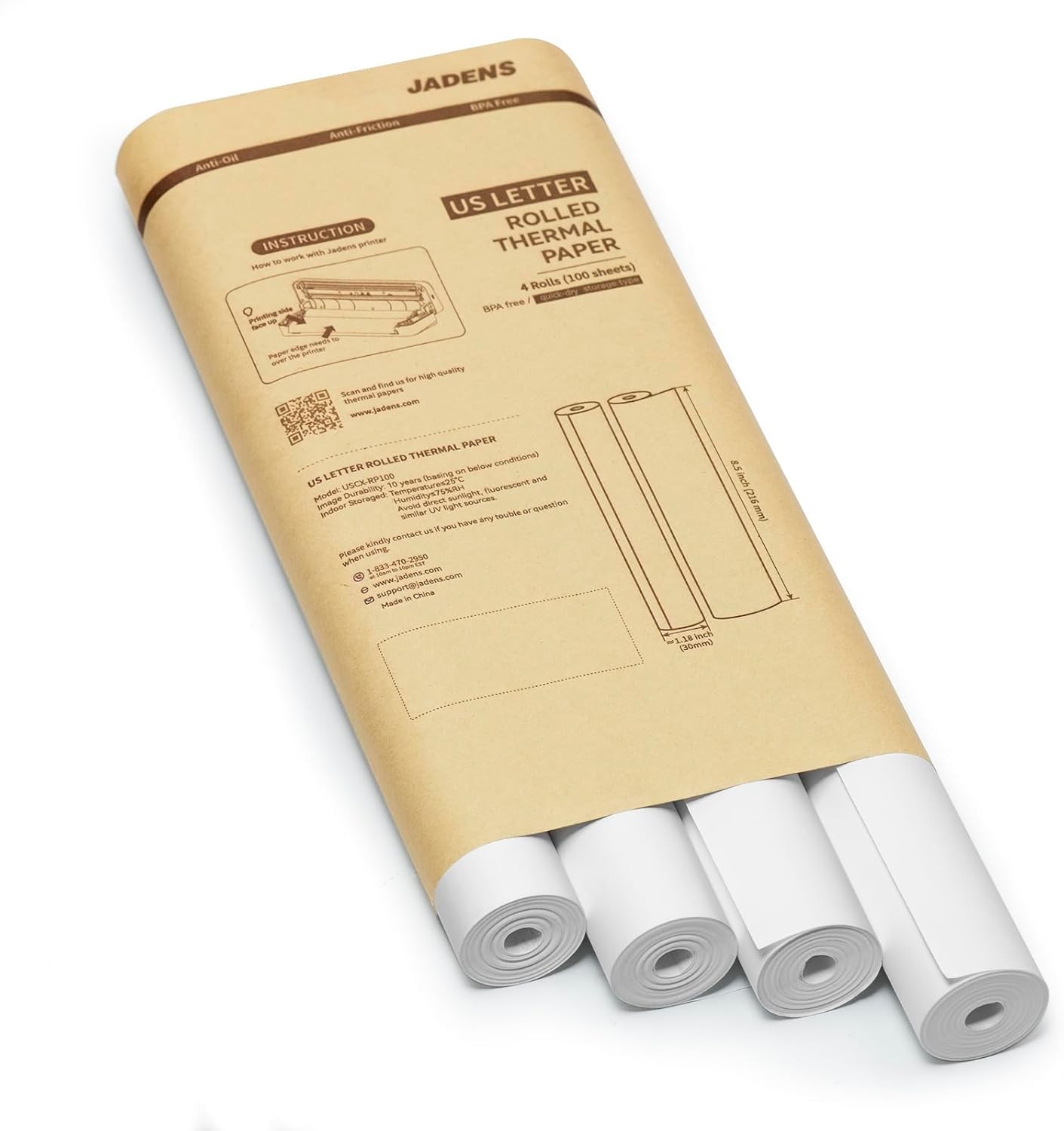JADENS US Letter Size Quick-Dry Thermal Printer Paper 4 Rolls, Quick-dry 