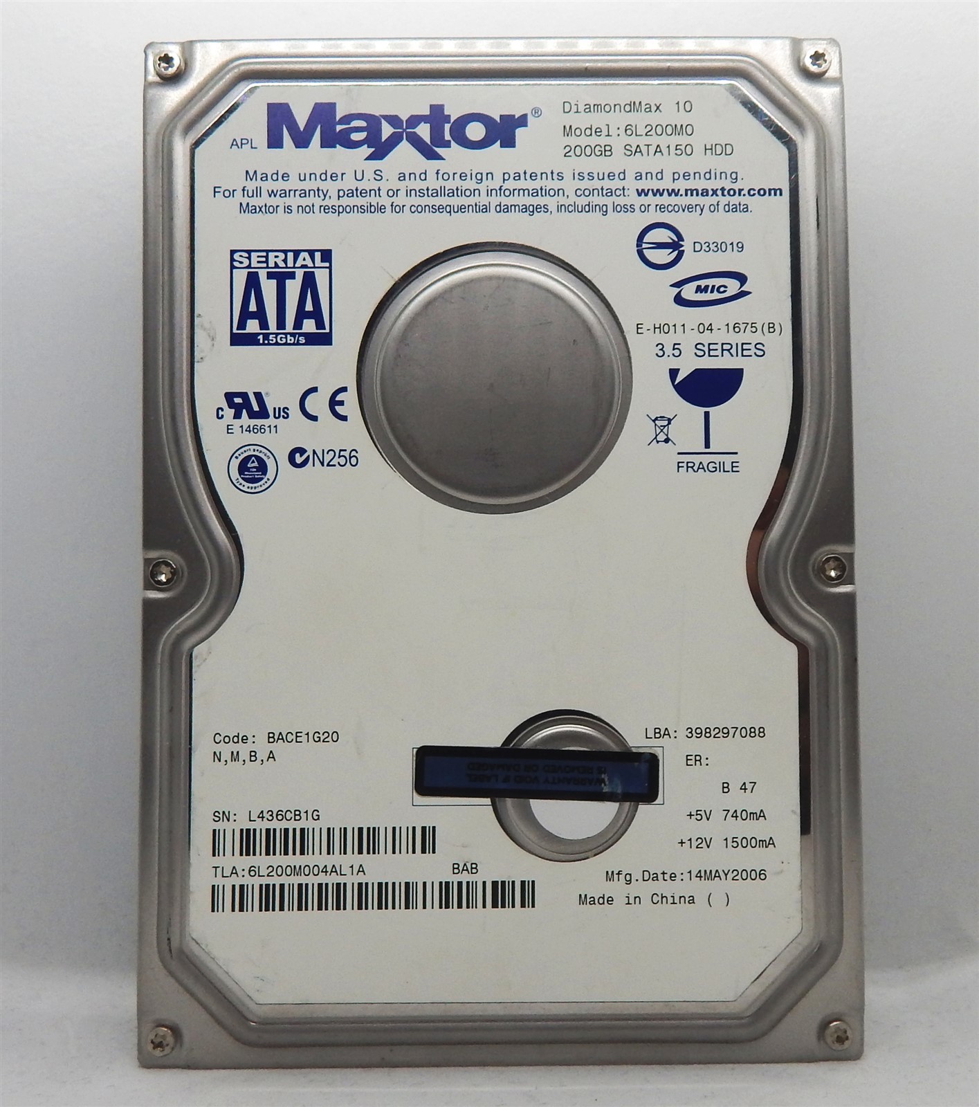 200GB SATA 3.5" HDD Maxtor DiamondMax 10 6L200M004AL1A sn:L436CB1G DOM:14MAY2006