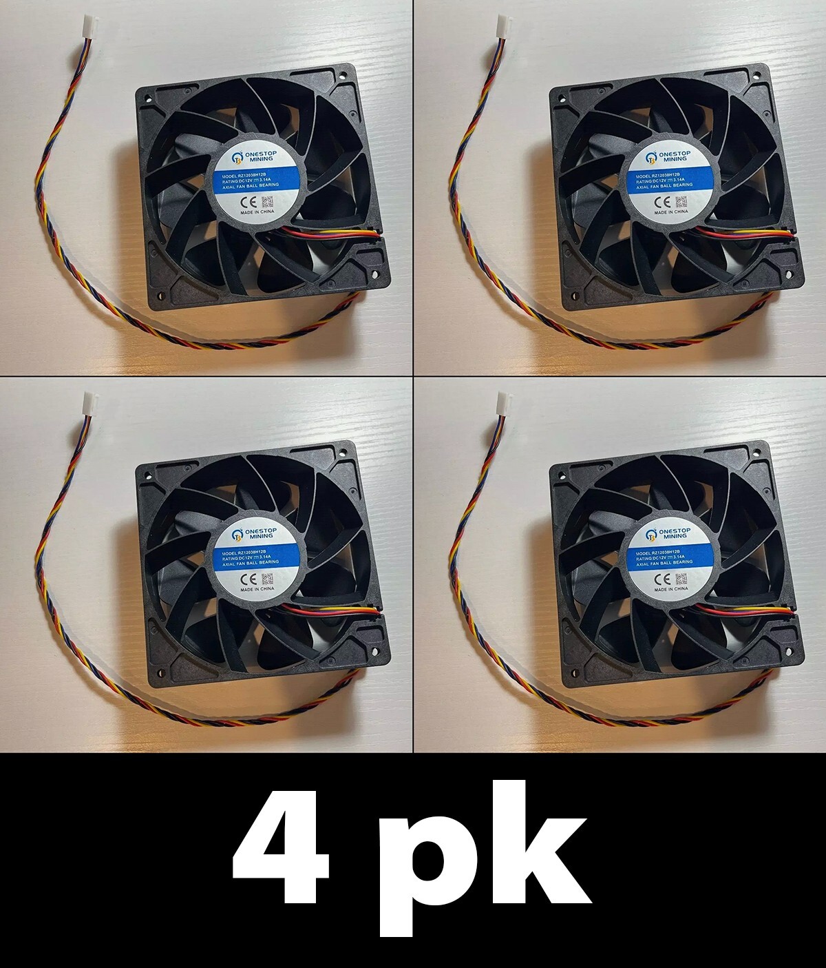 4pk ASIC Mining Fan 4-Pin 12V DC 3.14Amp Axial Fan, Ball Bearing Fan RZ12038H12B