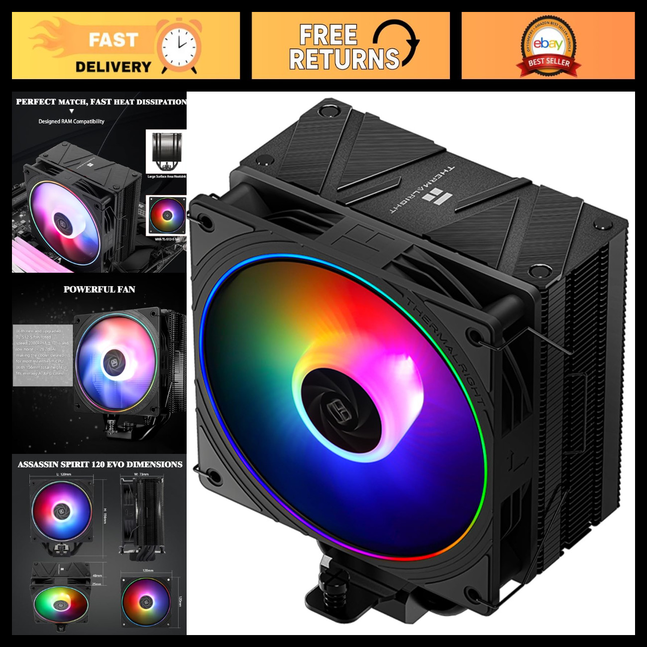 High-Performance 120mm CPU Cooler with ARGB Fan, Intel & AMD Compatible, Quiet O