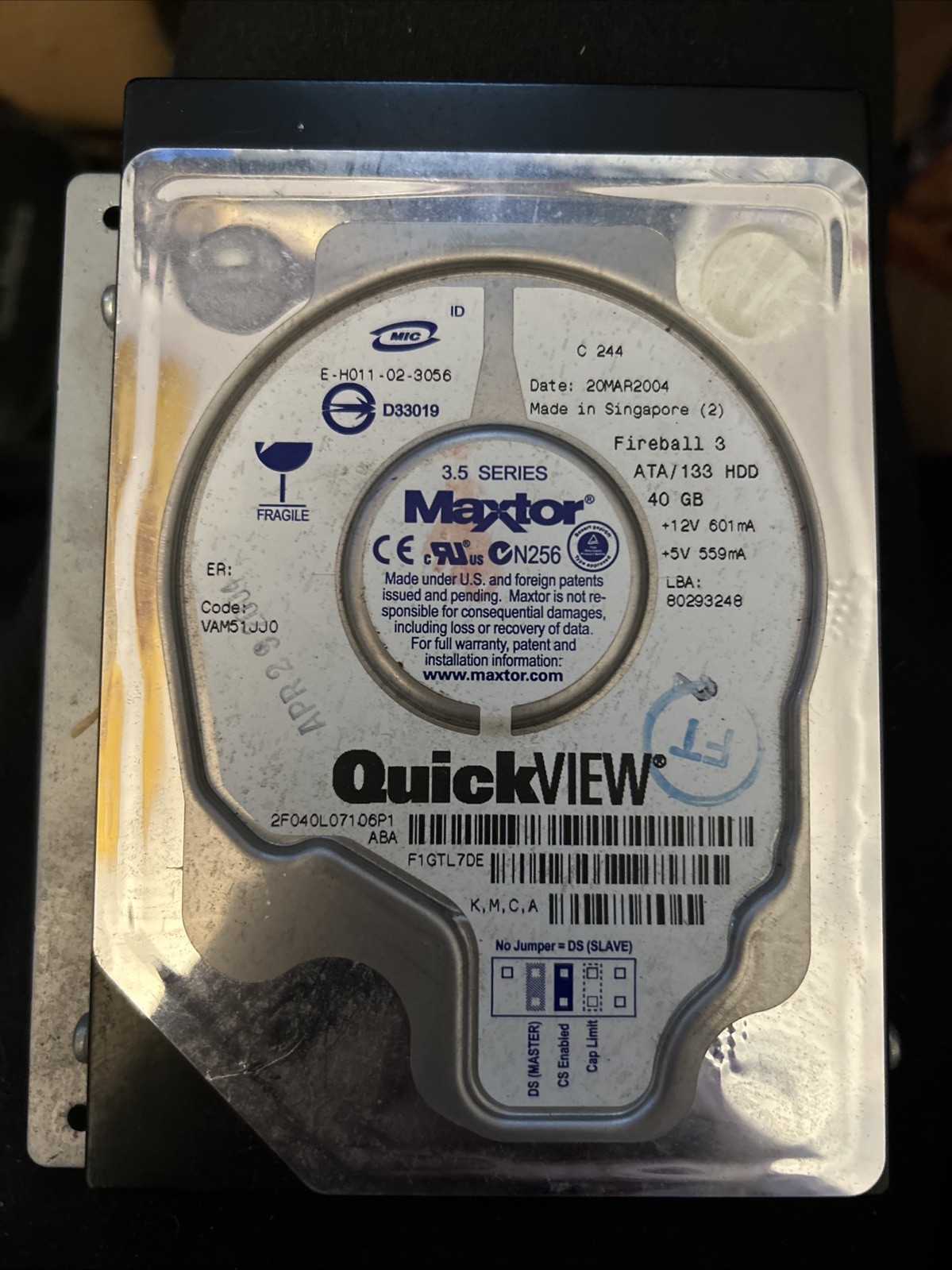 Hard Disk MAXTOR 40GB ATA 133 3.5 series DIAMOND MAX PLUS 8 Untested