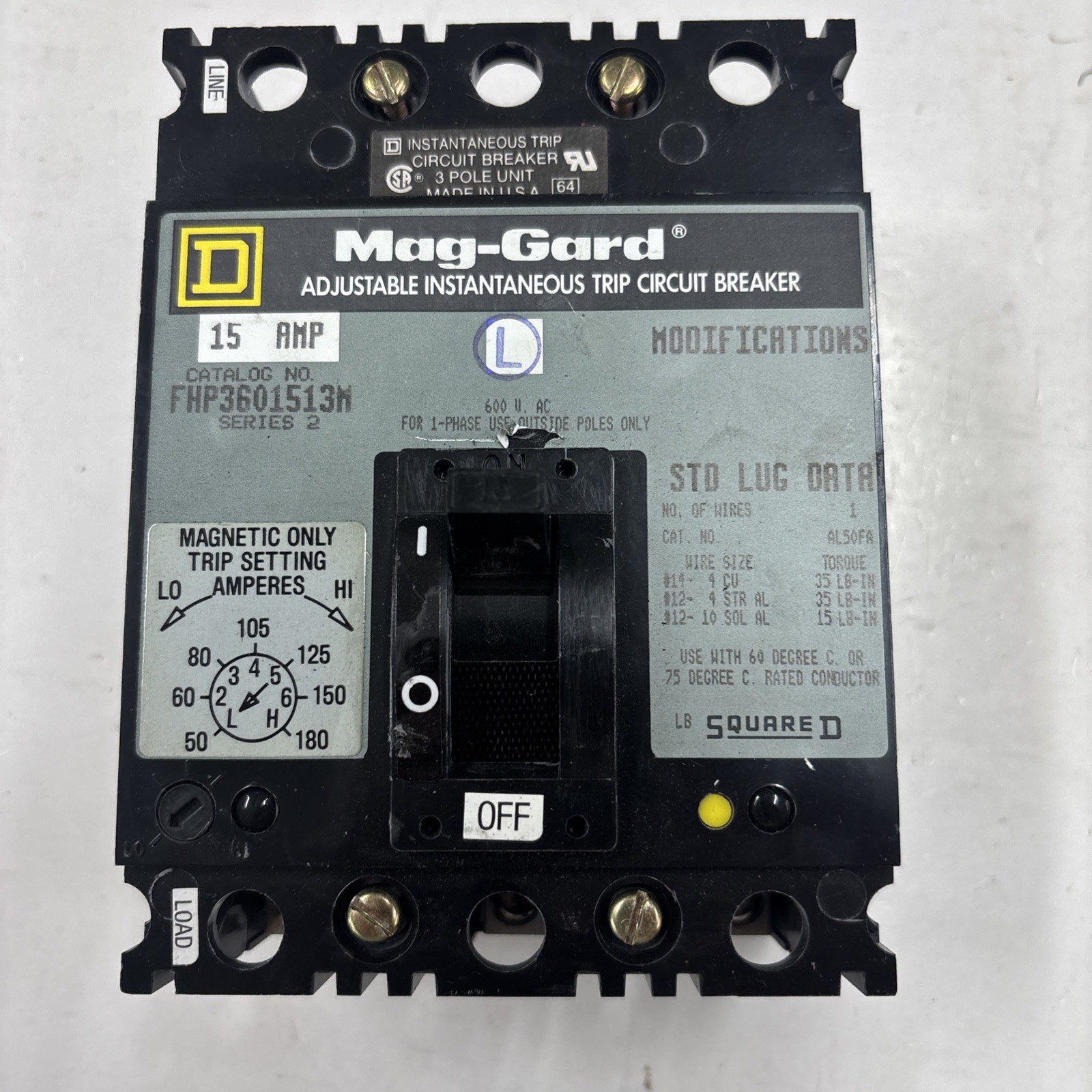 Square D FHP3601513M Series 2 Mag Guard 15 Amp Motor Circuit Protector 15A
