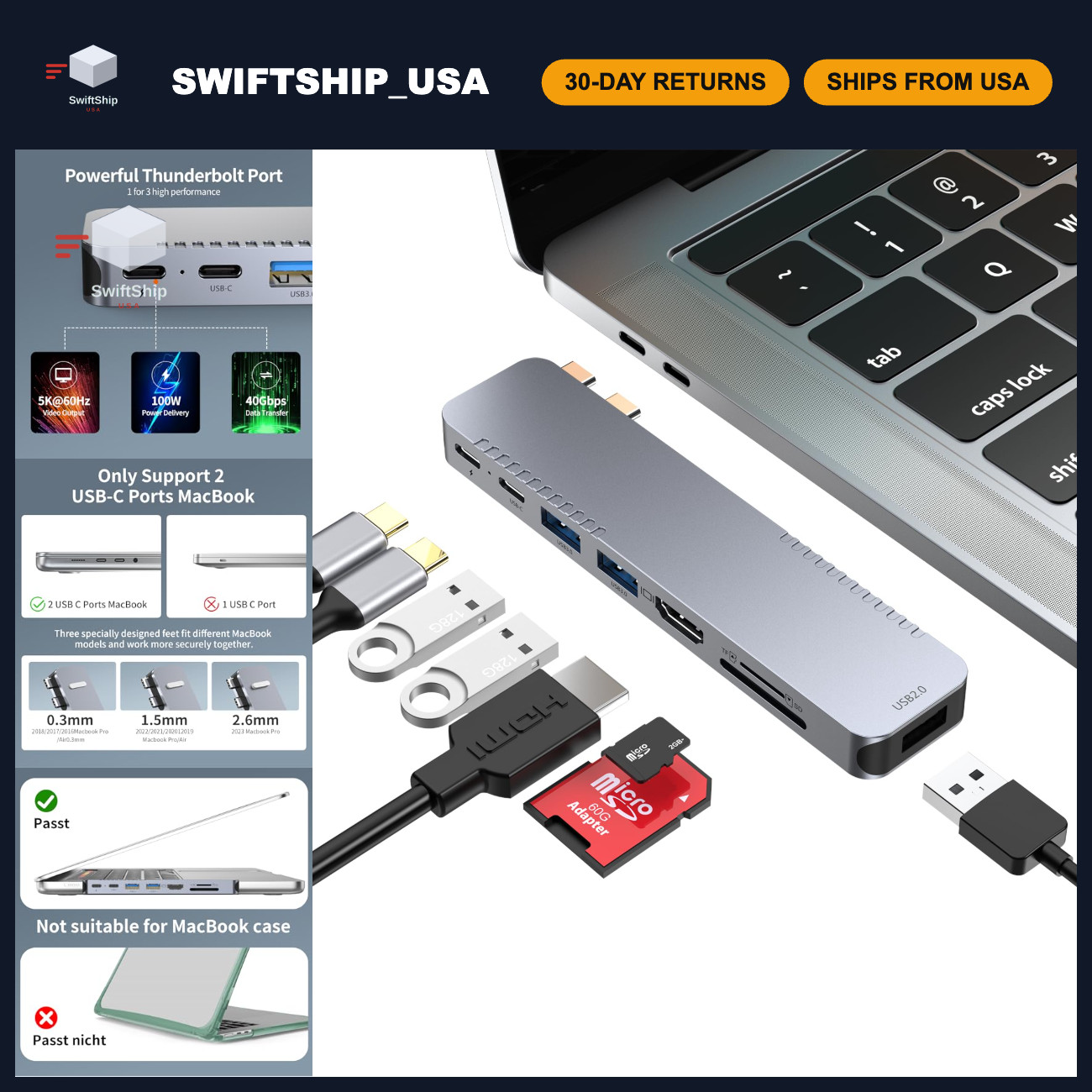 8-in-2 USB C Hub Adapter Dock for MacBook Pro/Air, HDMI 4K, Thunderbolt 3/4, USB