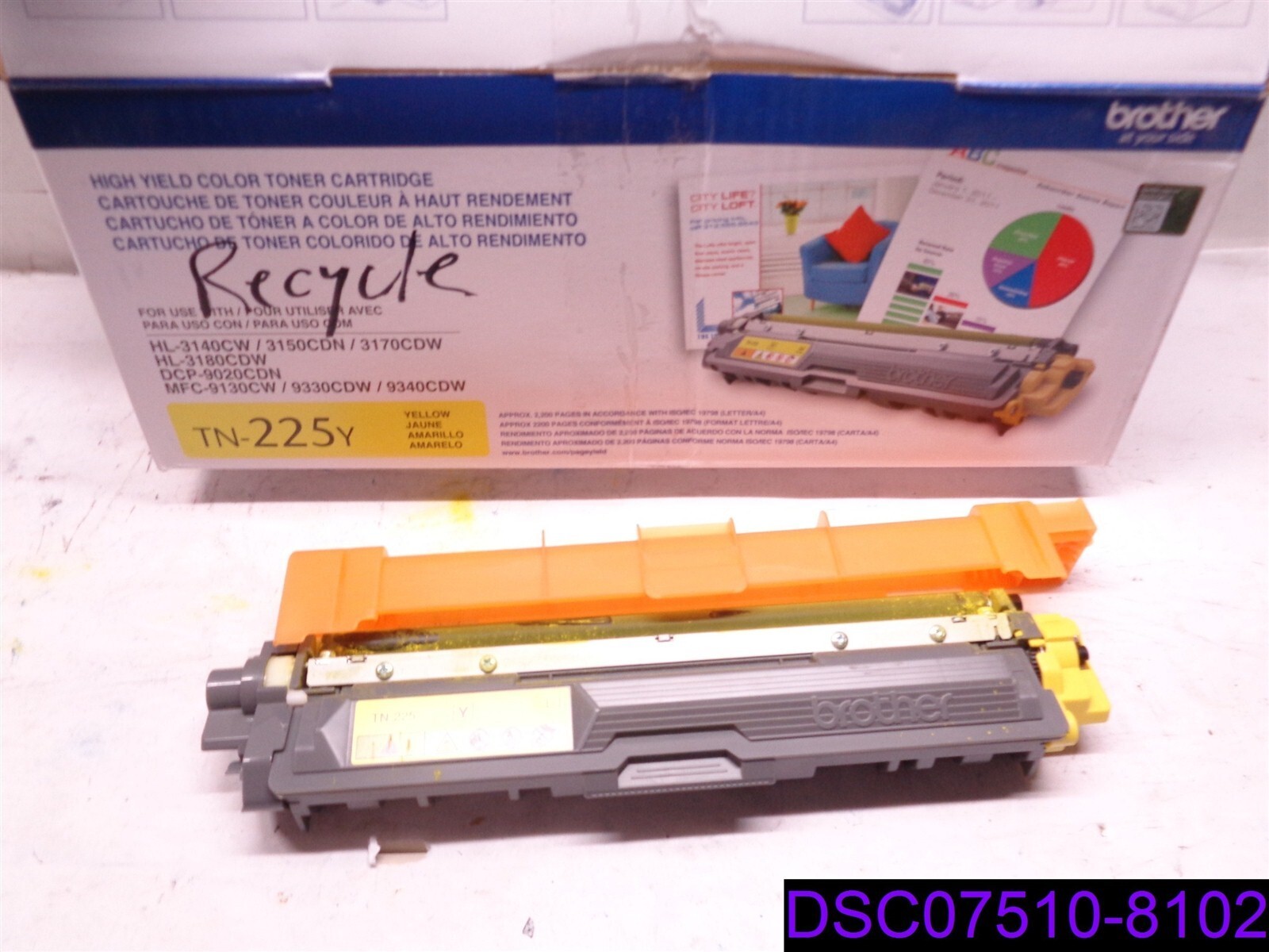 USED NEEDS FILLED Genuine Brother TN-225Y Yellow Toner Cartridge
