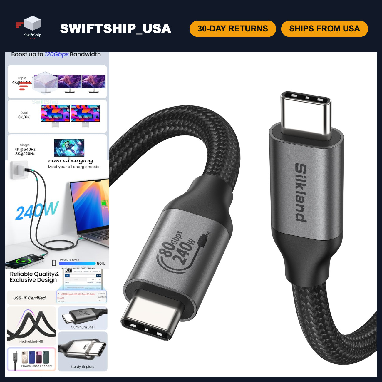 80Gbps USB 4 Thunderbolt 5 Cable 4FT, 120Gbps Data Transfer, 240W Power Delivery