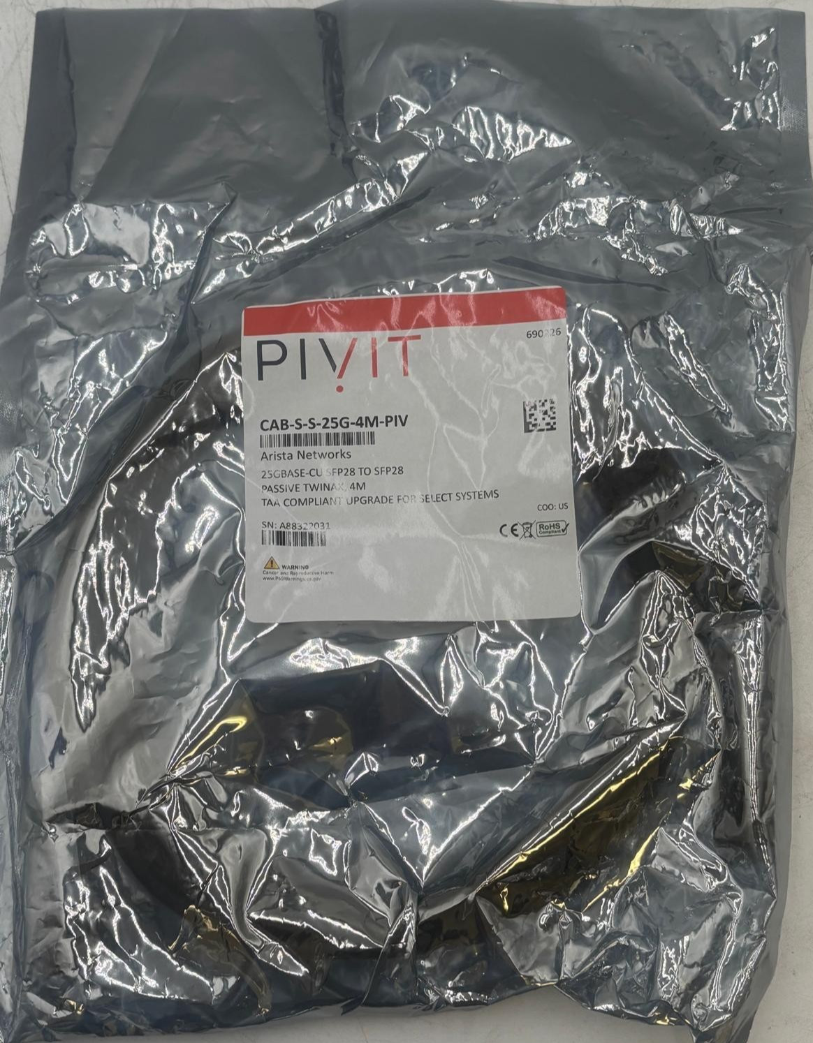 Pivit (Arista) CAB-S-S-25G-4M-PIV 25GBASE-CU SFP28 to SFP28 4m Twinax Cable
