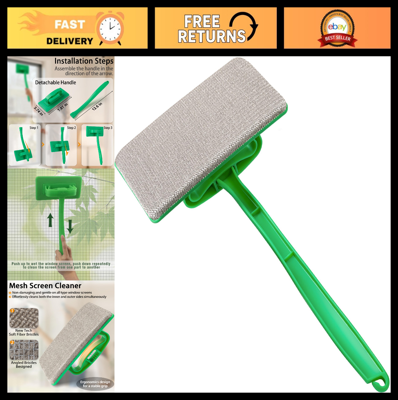 Mesh Screen Cleaner Tool - Detachable Window Brush for Wet & Dry Cleaning, Dual-