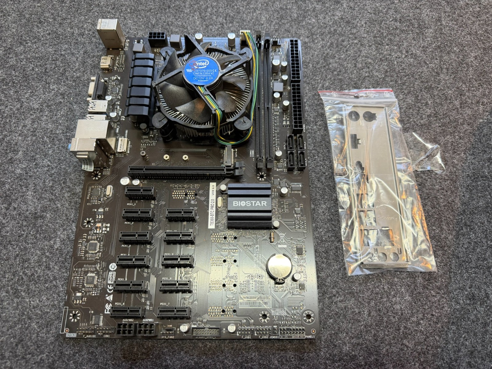 BIOSTAR TB360-BTC PRO 2.0 Mining Motherboard + Intel i3-8100 + Cooler + I/O 
