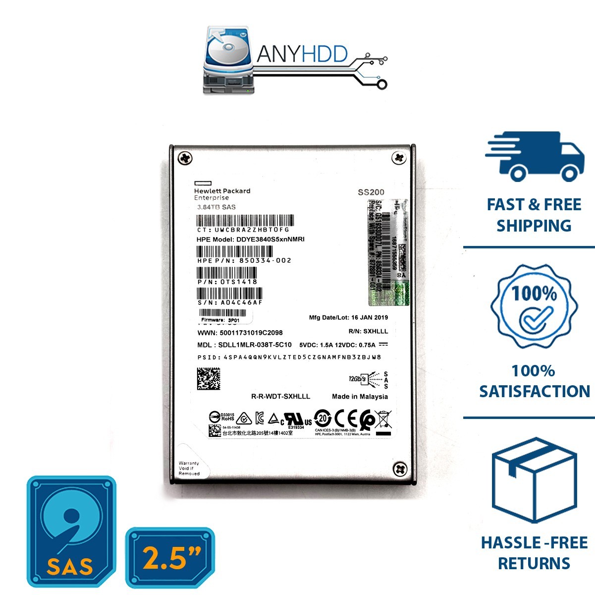 HPE 3.84TB SAS SSD 12Gb/s 2.5" - DDYE3840S5xNMRI - 850334-002 - SXHLLL - GRADE A