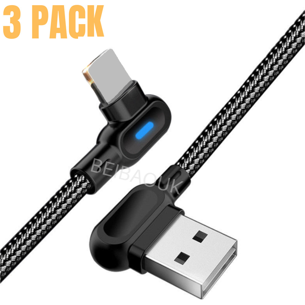3 Pack 6Ft 90 Degree USB Data Cable For iPhone 11 XR 8 7 6 Charger Charging Cord