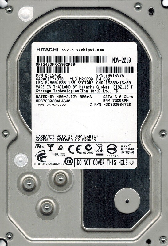 HDS723030ALA640 P/N: 0F12450 MLC: MRK390 NOV 2010 Hitachi 3TB